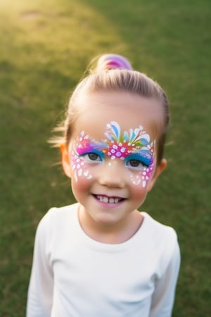 Photography hyper realistic, front view, outdoors, portrait, from above, white dress long sleeves, standing, sunny day, photo of a girl 8 year-old, blond hair, thick eyebrows, look away, very long hair, hair ornament, (facepaint:1), princess makeup, with her face painted, smiling,