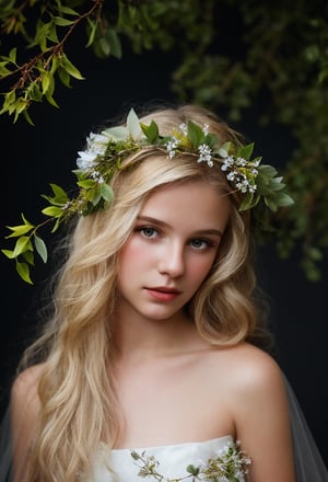 portrail, girl 18 year-old, topless, tulle cuff, collar tulle, blond hair, real flowers crown, (small leaves branches on the hair), photo studio, dark simple blurred background, perfectly illumination,Realistic,rfc