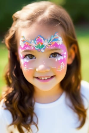 Photography hyper realistic, front view, outdoors, portrait, from above, white dress long sleeves, standing, sunny day, photo of a girl 8 year-old, blOND hair, thick eyebrows, look away, very long hair, hair ornament, (facepaint:1), princess makeup, with her face painted, smiling,