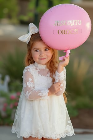 photorealistic, realistic, of photo a high quality of a 5 year-old child, happy smile, standing, front view, (((Wide angle, full body shot)))(looking at viewer:1.2),(lace overlay, jesusito dress brown) crisp sharp eyes, (lace see-through long sleeve), Ruffle, fluffy, long sock over knee Ribbon bow and Lace Ruffle, (classic brown Flats Mary Janes)(very long hair:1.2),  redhead straight hair, (hairclip:1.2), pale skin, Giant Gunnera manicata with intense afternoon sunlight, high definition, 24mm lens, bold shadows, rich textures She holds a pink balloon that says in elegant gold letters "JESUSITO DRESS