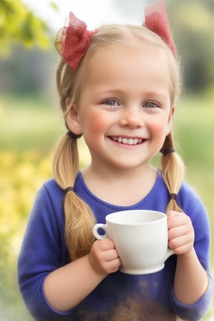1girl, portrait, (cowboy shot) realistic, little girl, smile, ((ltt, blonde long messy hair, low twin ponytails)), hair bow, upper body, outdoor,  holding Cup of tea,  sunny day, blurry background,LTT,low twin tails,low tails,low twin Braids,Realistic