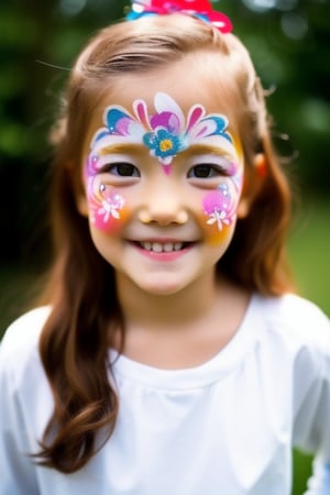 Photography hyper realistic, front view, outdoors, portrait, from above, white dress long sleeves, standing, sunny day, photo of a girl 8 year-old, blond hair, thick eyebrows, look away, very long hair, hair ornament, (facepaint:1), princess makeup, with her face painted, smiling,