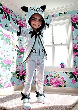 cara delevingne toddler, smiling happy, photography from below, (( suit pokemon costume plush)) indirect lighting, standing living room long pile white rug, ((room window floral wallpaper background)), (full body) hands like pose