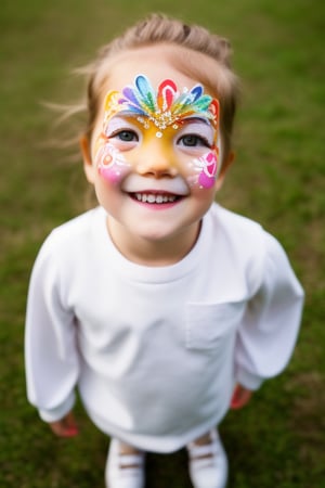 Photography hyper realistic, front view, outdoors, portrait, from above, white dress long sleeves, standing, sunny day, photo of a girl 8 year-old, blond hair, thick eyebrows, look away, very long hair, hair ornament, (facepaint:1), princess makeup, with her face painted, smiling,