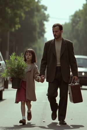 A 12-year-old girl Mathilda and a 40-year-old man Léon, walking in the middle of the street, carrying a plant in their arms, the man is carrying a leather briefcase, blurred background, 80s cinematic lighting,Mthlda,leonthepro