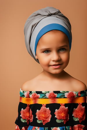 photorealistic, upper body, stand, 1girl 7 year-old, thick eyebrows (Turbant:1.2), super detailed skin texture, looking at viewer, black hair, off shoulder floral dress bright and very colorful, silver blue, photo studio, dark simple blurred background, perfectly illumination,turbant