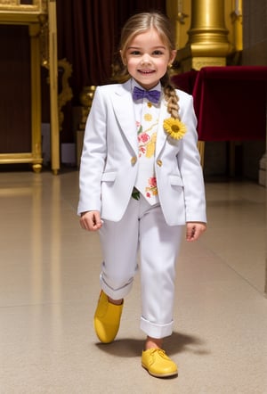 solo, 1girl, little girl 8 year-old caucacian white skin ((looking at viewer)), blond long Dutch Braid hair, full body, ornament white suit, Chamomile flower, white pants, dark purple tie, sneakers white, Dolce & Gabbana, standing on cathedral hall, (men suit floral print) smile, yellow shiny shoes, gold watch