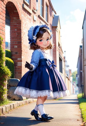 1girl, portrait, from side, looking at viewer, white jesusito dress, little girl, 7 year-old, black long hair, looking at viewer, gloves lace, lace and tulle details, bib lace, ruffle, bows, satin bows, fluffy wide skirt, bonnet, transparencies, socks, shoes, solo, running, happy smile, outdoors city, blurry background,jesusito,qqbaby,jesusito dress