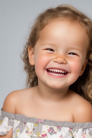 photorealistic, portrait face, stand, 1girl 7 year-old, thick eyebrows, (smile, happy, grin, open mouth, beautiful gray eyes) (missing teeth:1.1), super detailed skin texture, looking at viewer, blond hair, long hair, off shoulder floral dress bright and very colorful, silver blue, photo studio, dark simple blurred background, perfectly illumination,