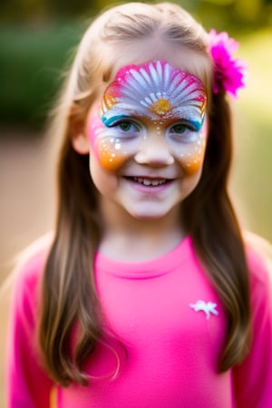 Photography hyper realistic, front view, outdoors, portrait, from above, white dress long sleeves, standing, sunny day, photo of a girl 8 year-old, blond hair, thick eyebrows, look away, very long hair, hair ornament, (facepaint:1), princess makeup, with her face painted, smiling,photorealistic