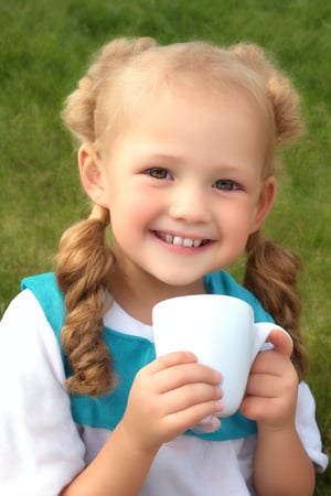 1girl, portrait, (cowboy shot) realistic, little girl, smile, ((ltt, long messy hair, low twin ponytails)), hair bow, upper body, outdoor,  holding Cup of tea,  sunny day, blurry background,LTT,low twin tails,low tails,low twin Braids,Realistic