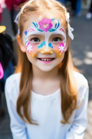 Photography hyper realistic, front view, outdoors, portrait, from above, white dress long sleeves, standing, sunny day, photo of a girl 8 year-old, blond hair, thick eyebrows, look away, very long hair, hair ornament, (facepaint:1), princess makeup, with her face painted, smiling,