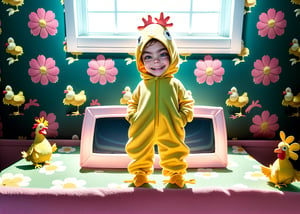 cara delevingne toddler, smiling happy, photography from below, (( suit chicken costume plush)) indirect lighting, standing on top of the table, ((room window floral wallpaper background)), (full body)