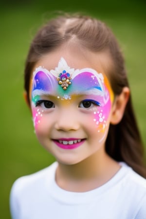 Photography hyper realistic, front view, outdoors, portrait, from above, white dress long sleeves, standing, sunny day, photo of a girl 8 year-old, blOND hair, thick eyebrows, look away, very long hair, hair ornament, (facepaint:1), princess makeup, with her face painted, smiling,