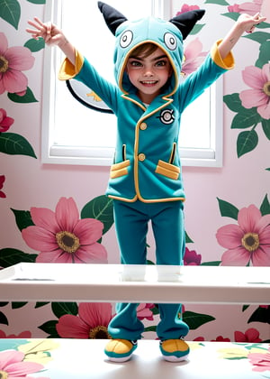 cara delevingne toddler, smiling happy, photography from below, (( suit pokemon costume plush)) indirect lighting, standing on top of the table, ((room window floral wallpaper background)), (full body) hands like pose