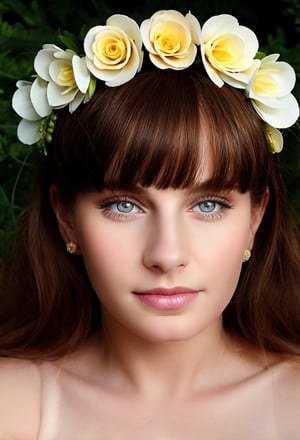 upper body, best quality, view from below, close up portrait of beautiful (AIDA_LoRA_KtM:1.03) parted lips, hyper realistic, Real Flowers Crown, realistic eyes, blue eyes, perfect eyes, super detailed skin texture, looking at viewer,real flowers crown, white flowers,kkw-ph1,AIDA_LoRA_KtM,REALISTIC,rfc