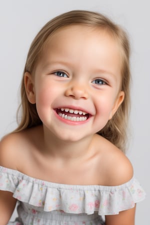 photorealistic, portrait, upper body, stand, 1girl 7 year-old, thick eyebrows, (smile, happy, grin, open mouth, beautiful gray eyes) missing teeth, super detailed skin texture, looking at viewer, blond hair, long hair, off shoulder floral dress bright and very colorful, silver blue, photo studio, dark simple blurred background, perfectly illumination,