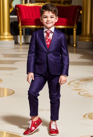 solo, 1boy, little boy 8 year-old caucacian white skin ((looking at viewer)) full body, ornament white suit, Chamomile flower, white pants, dark purple tie, sneakers white, Dolce & Gabbana, standing on cathedral hall, (men suit floral print) smile, red shiny shoes, gold watch