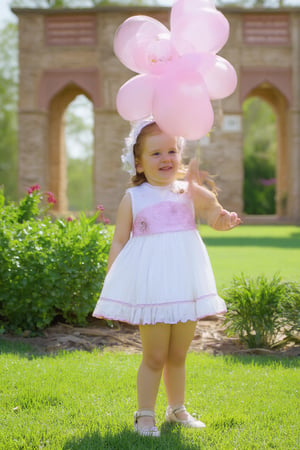 photorealistic, realistic, of photo a high quality of a 8 year-old child, happy smile, standing, front view, (((Wide angle, full body shot)))(looking at viewer:1.2),(ljesusito dress) crisp sharp eyes, Ruffle, fluffy, (classic brown Flats Mary Janes)(very long hair:1.2), redhead straight hair, (hairclip:1.2), pale skin, Giant Gunnera manicata with intense afternoon sunlight, high definition, 24mm lens, bold shadows, rich textures She holds a pink balloon that says in elegant gold letters "HAPPY BIRTHDAY",Enhanced all, jesusito