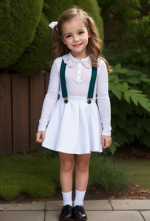little girl, 7 year-old, full body, skirt suspender, suspender, tulle sleeves, white shirt, collar bib, lace, secret garden background, looking at viewer, white hair, Long messy Wavy Hair, hair bow, long sleeves, black shoes, realistic, sunny day, soft smile, MSWS,Long Natural Wavy Hair,MSWS,skirt suspenders,Wavy Hair