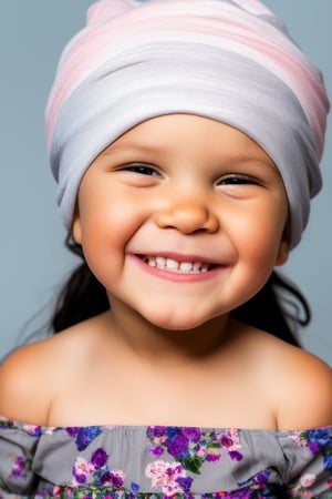 photorealistic, upper body, stand, 1girl 7 year-old, (smile, happy, grin, open mouth, beautiful gray eyes), thick eyebrows (Turbant:1.2), super detailed skin texture, looking at viewer, black hair, off shoulder floral dress bright and very colorful, silver blue, photo studio, dark simple blurred background, perfectly illumination,turbant