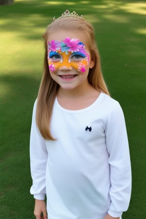 Photography hyper realistic, front view, outdoors, portrait, from above, white dress long sleeves, standing, sunny day, photo of a girl 8 year-old, blond hair, thick eyebrows, look away, very long hair, hair ornament, (facepaint:1), princess makeup, with her face painted, smiling,