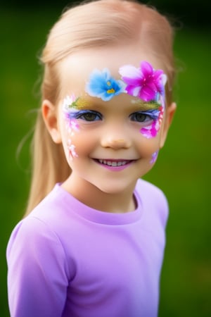 Photography hyper realistic, front view, outdoors, portrait, from above, white dress long sleeves, standing, sunny day, photo of a girl 8 year-old, blond hair, thick eyebrows, look away, very long hair, hair ornament, (facepaint:1), princess makeup, with her face painted, smiling,photorealistic