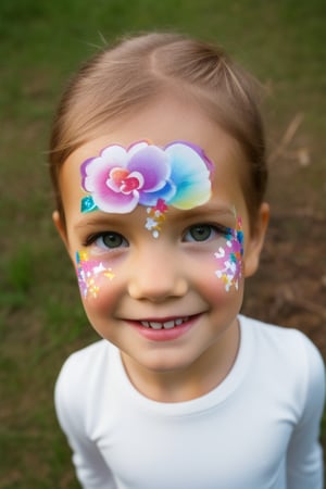 Photography hyper realistic, front view, outdoors, portrait, from above, white dress long sleeves, standing, sunny day, photo of a girl 8 year-old, blond hair, thick eyebrows, look away, very long hair, hair ornament, (facepaint:1), princess makeup, with her face painted, smiling,photorealistic