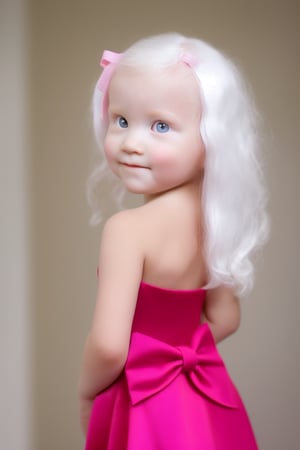 score_9, score_8_up, solo, (upper body)(from back, looking at viewer, over shoulder), little girl 7 year-old, (PINK eyes:1.3),(red  dress),((albino, white eyebrows, white eyelashes))((long white hair))  white skin, detailed skin texture,  (dynamic pose) (looking at viewer),  bows, perfectly illumination, photorealistic, indoors,ALG,