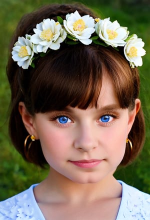 upper body, little girl, best quality, view from below, portrait of beautiful (AIDA_LoRA_KtM:1.03) parted lips, hyper realistic, Real Flowers Crown, realistic eyes, blue eyes, perfect eyes, super detailed skin texture, looking at viewer,real flowers crown, white flowers,kkw-ph1,AIDA_LoRA_KtM,REALISTIC,rfc