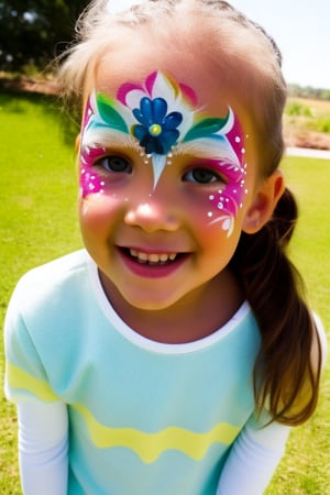 Photography hyper realistic, front view, outdoors, portrait, from above, white dress long sleeves, standing, sunny day, photo of a girl 8 year-old, blond hair, thick eyebrows, look away, very long hair, hair ornament, (facepaint:1), princess makeup, with her face painted, smiling,photorealistic