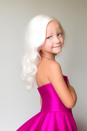 score_9, score_8_up, solo, (upper body)(from back, looking at viewer, over shoulder), little girl 7 year-old, (PINK eyes:1.3),(red  dress),((albino, white eyebrows, white eyelashes))((long white hair))  white skin, detailed skin texture,  (dynamic pose) (looking at viewer),  bows, perfectly illumination, photorealistic, indoors,ALG,