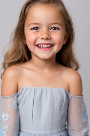 photorealistic, portrait, upper body, stand, 1girl 7 year-old, thick eyebrows, (smile, happy, grin, open mouth, beautiful gray eyes) super detailed skin texture, looking at viewer, blond hair, long hair, off shoulder floral dress bright and very colorful, silver blue, photo studio, dark simple blurred background, perfectly illumination,