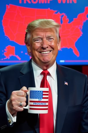 photography, Donald Trump smiling Holds a mug painted with the American flag that says "TEARS OF PROGRESS" ,behind him a screen with map of the United States in red it says "TRUMP WIN" 