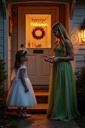 A little girl, aged 8, dressed as a sweet angel with a halo and flowing gown, approaches the door of a whimsical home. A 30-year-old woman, dressed as a graceful Tinker Bell, greets her with a warm smile and offers a handful of candies from her magical pouch. The scene is framed by a cheerful "Happy Halloween" sign, illuminating the spirit of the night.