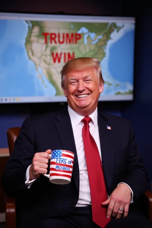 photography, Donald Trump smiling Holds a mug painted with the American flag that says "TEARS OF PROGRESS" ,behind him a screen with map of the United States in red it says "TRUMP WIN" 