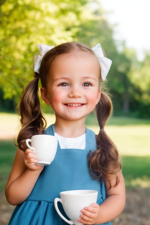 1girl, portrait, (cowboy shot) realistic, little girl, smile, ((ltt, long messy hair, low twin ponytails)), hair bow, upper body, outdoor,  holding Cup of tea,  sunny day, blurry background,LTT,low twin tails,low tails,low twin Braids,Realistic