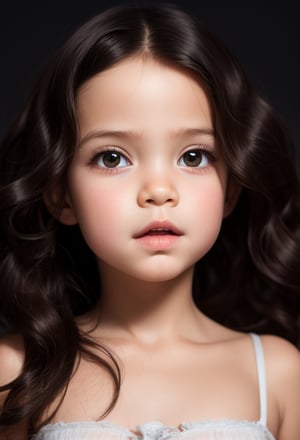 full body portrait of a little girl 7 year-old, perfect face, single background, ((black hair)), Long messy Wavy Hair,   realistic, best possible lighting, detailed face, thick and detailed hair, lips,Long Natural Wavy Hair,Wavy Hair,long hair