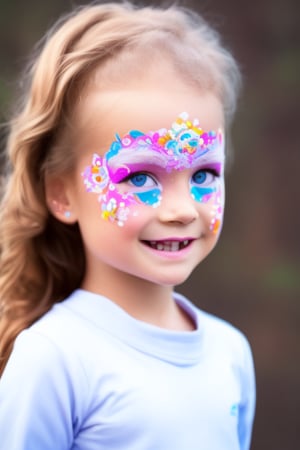 Photography hyper realistic, front view, outdoors, portrait, from above, white dress long sleeves, standing, sunny day, photo of a girl 8 year-old, blond hair, thick eyebrows, look away, very long hair, hair ornament, (facepaint:1), princess makeup, with her face painted, smiling,photorealistic