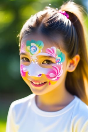 Photography hyper realistic, front view, outdoors, portrait, from above, white dress long sleeves, standing, sunny day, photo of a girl 8 year-old, blond hair, thick eyebrows, look away, very long hair, hair ornament, (facepaint:1), princess makeup, with her face painted, smiling,