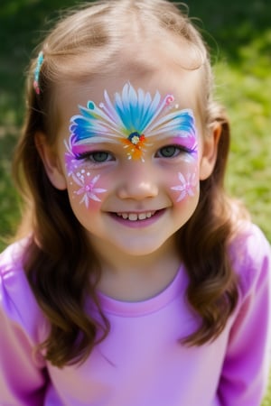 Photography hyper realistic, front view, outdoors, portrait, from above, white dress long sleeves, standing, sunny day, photo of a girl 8 year-old, blond hair, thick eyebrows, look away, very long hair, hair ornament, (facepaint:1), princess makeup, with her face painted, smiling,photorealistic