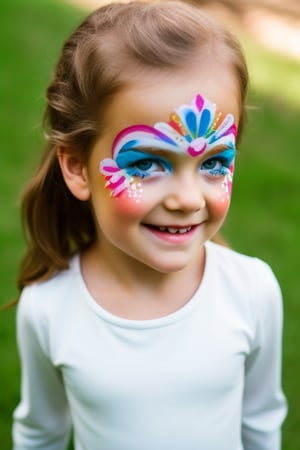 Photography hyper realistic, front view, outdoors, portrait, from above, white dress long sleeves, standing, sunny day, photo of a girl 8 year-old, blond hair, thick eyebrows, look away, very long hair, hair ornament, (facepaint:1), princess makeup, with her face painted, smiling,photorealistic