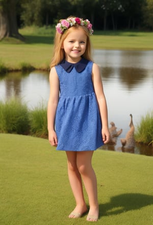 (full body photo of a little girl 7 year-old), real flowers crown, floral crown, flower, victorian ruffle collar, vintage dress, ruff collar, perfect face, standing on the grass near a pond, there are ducks, many bushes and trees in the background, white hair, Long messy Wavy Hair, hair bow,  realistic, best possible lighting, detailed face, thick and detailed hair, lips,vdress