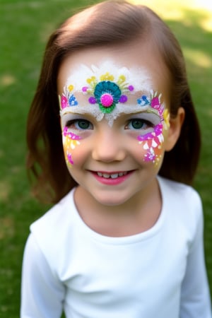 Photography hyper realistic, front view, outdoors, portrait, from above, white dress long sleeves, standing, sunny day, photo of a girl 8 year-old, blond hair, thick eyebrows, look away, very long hair, hair ornament, (facepaint:1), princess makeup, with her face painted, smiling,