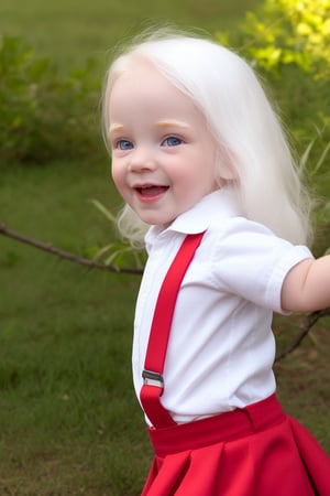 score_9, score_8_up, solo, little girl 7 year-old, (pink eyes:1),(red skirt suspenders, suspender, msws),((albino, white eyebrows, white eyelashes))((long white hair))  white skin, detailed skin texture,  (dynamic pose) (looking at viewer),  bows, perfectly illumination, photorealistic, outdoors,ALG,MSWS