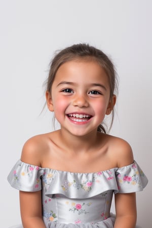 photorealistic, portrait, upper body, stand, 1girl 7 year-old, thick eyebrows, (smile, happy, grin, open mouth, beautiful gray eyes) super detailed skin texture, looking at viewer, black hair, off shoulder floral dress bright and very colorful, silver blue, photo studio, dark simple blurred background, perfectly illumination,