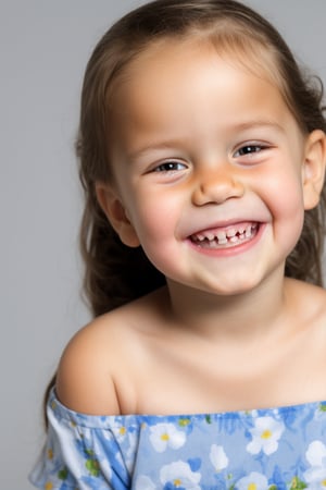 photorealistic, portrait, upper body, stand, 1girl 7 year-old, thick eyebrows, (smile, happy, grin, open mouth, beautiful gray eyes) super detailed skin texture, looking at viewer, black hair, off shoulder floral dress bright and very colorful, silver blue, photo studio, dark simple blurred background, perfectly illumination,