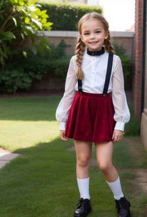 skinny little girl, 7 year-old, full body,  red velvet mini skirt, skirt suspender, suspender, tulle sleeves, white shirt, collar bib, lace, secret garden background, looking at viewer, dark blond Dutch Braid hair, long sleeves, black shoes, realistic, sunny day, soft smile, MSWS