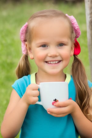 1girl, portrait, (cowboy shot) realistic, little girl, smile, ((ltt, long messy hair, low twin ponytails)), hair bow, upper body, outdoor,  holding Cup of tea,  sunny day, blurry background,LTT,low twin tails,low tails,low twin Braids,Realistic