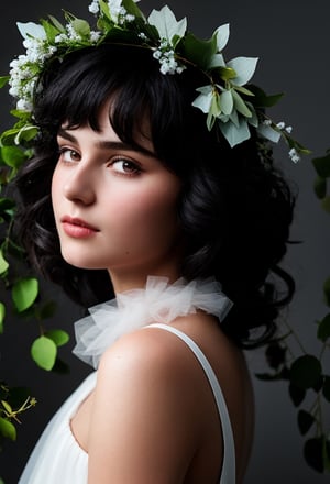 portrail, girl 18 year-old, bare_shoulders, tulle cuff, collar tulle, black hair, real flowers crown, big flowers, rose, margarita, (small leaves branches on the hair), photo studio, dark simple blurred background, perfectly illumination,Realistic,rfc